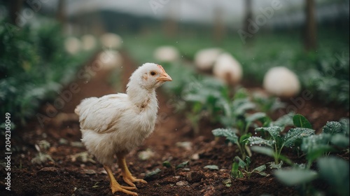 Young chicken exploring a damp farm field