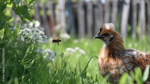 Young Chicken Observes Bee in Lush Garden