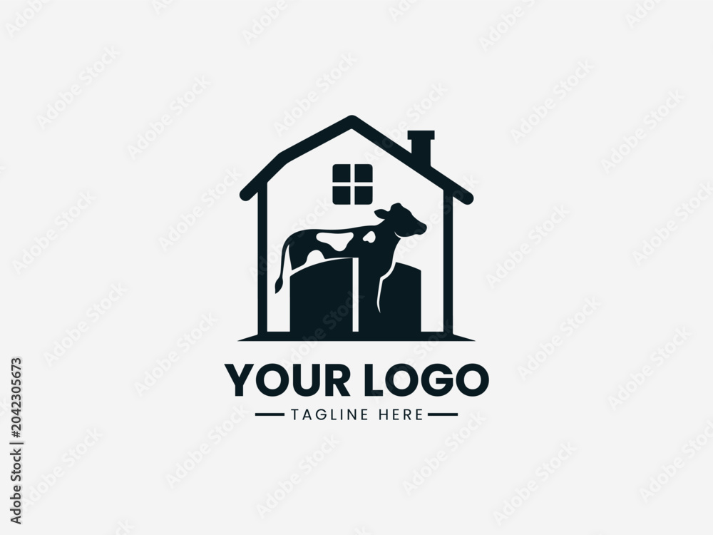 Fototapeta premium Cow Farm House black vector logo white background