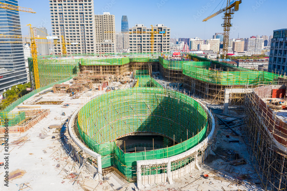 Fototapeta premium Nanchang Wushang Construction Site Aerial Overview with City Skyline