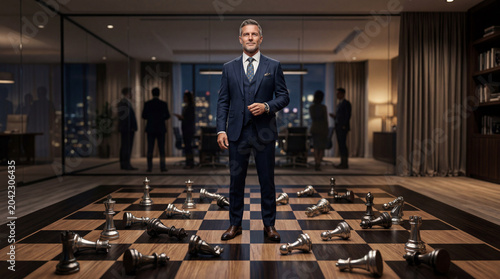 Confident Business Executive Standing on Giant Chessboard Symbolizing Corporate Strategy and Leadership