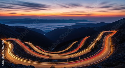 Winding mountain road at dusk a serene summer vacation getaway
