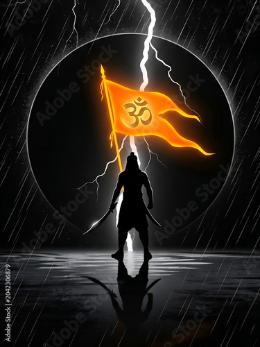 Hindu Warrior Holding Sacred Om Flag Inside 
Glowing Moon Circle in Rain and Lightning, 
Sanatan Dharm Epic Dark Fantasy Spiritual Art