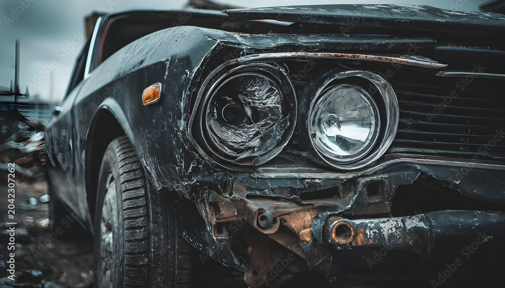 Fototapeta premium A smashed black car sits abandoned with a shattered headlight and torn bumper. The exposed mechanical parts create a feeling of sadness and ruin in the harsh daylight of a repair lot