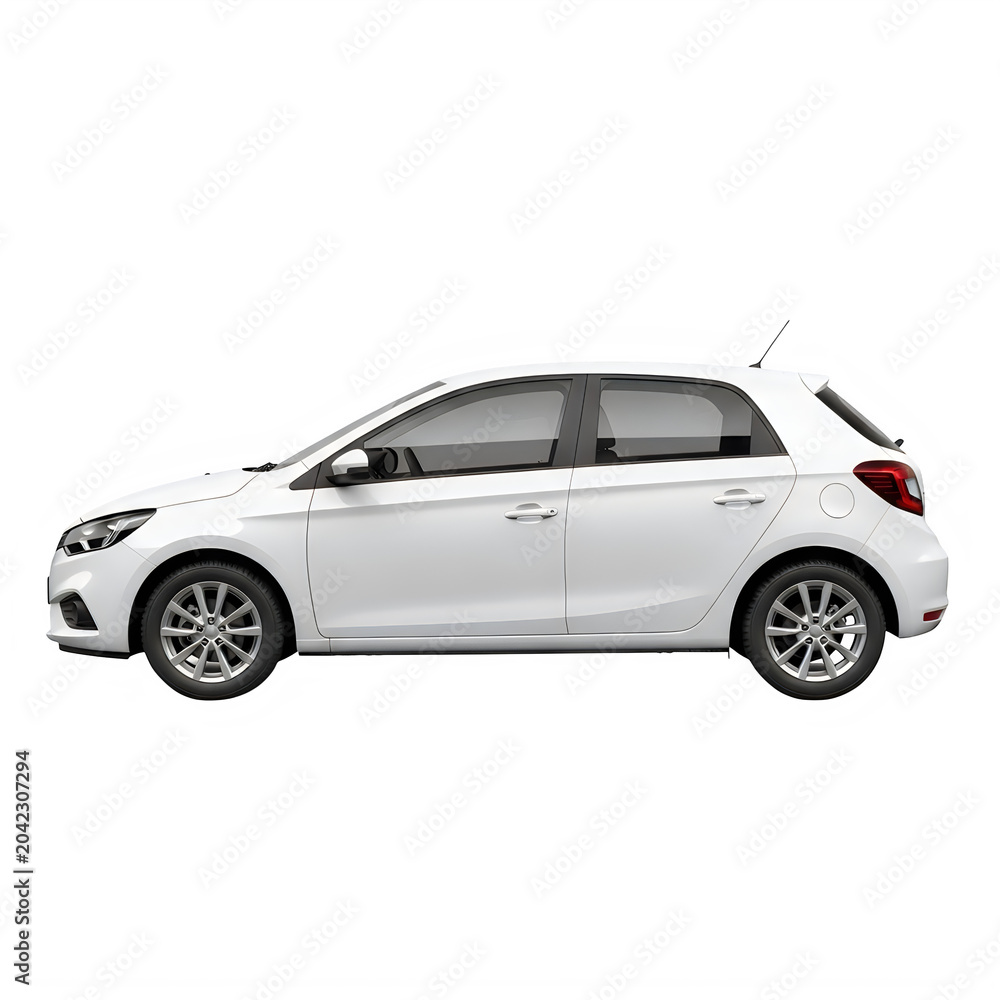 Obraz premium Side view of a modern white hatchback car isolated on a clean white background in a minimalist studio style