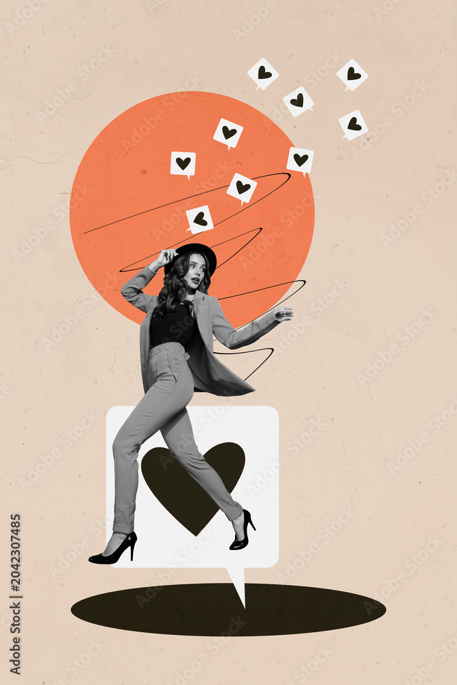 Naklejka premium Vertical image art collage of happy girl receive like reaction bubble notification social media influencer heart icon donation