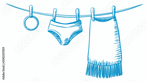 Konstfotografi clothes hanging on line blue line drawing laundry underwear towel ring peg simpl