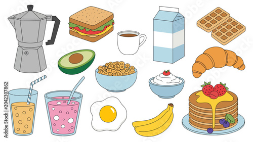 Cuadro en lienzo breakfast items vector illustration food milk carton coffee cup croissant pancak