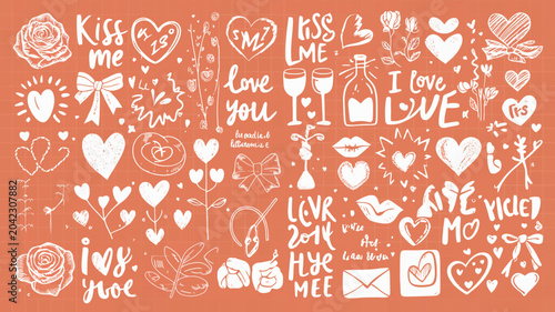 Cuadro en lienzo romantic doodles on coral background hearts flowers love phrases hand drawn whit