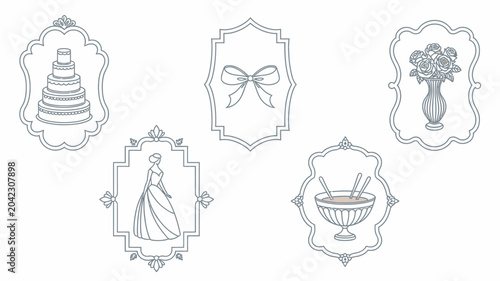 Foto five decorative wedding icons line art cake bow flowers dress champagne bridal o