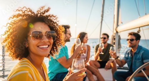 Joyful summer vacation friends enjoying a boat trip with drinks at sunset lifestyle photography