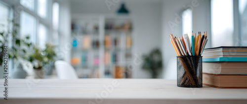 Organized workspace featuring pencil holder with pens and stack of books on wooden table.