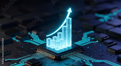 Digital representation of business growth with a glowing light bar graph emerging from a computer chip circuit board technology business analysis investment financial computing performance