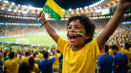 Young Brazilian Fan Cheers with Flag and Face Paint at Soccer Match