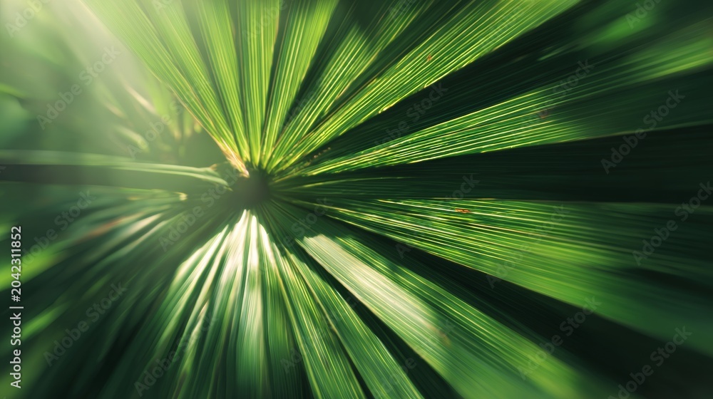 Obraz premium Green palm leaf showcases a radiating pattern of natural lines and veins, with vibrant sun rays creating light streaks