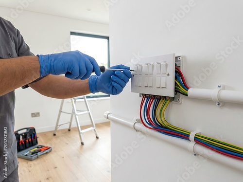 Professional electrician installing a light switch panel on a wall in a modern home interior