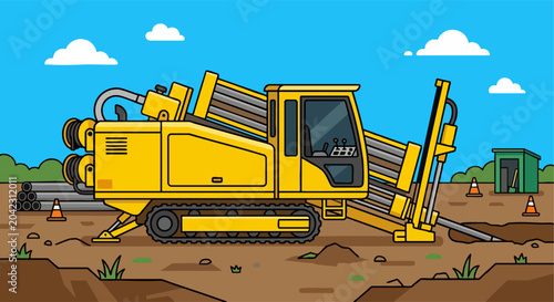 Yellow Directional Drilling Machine Construction Site Illustration
