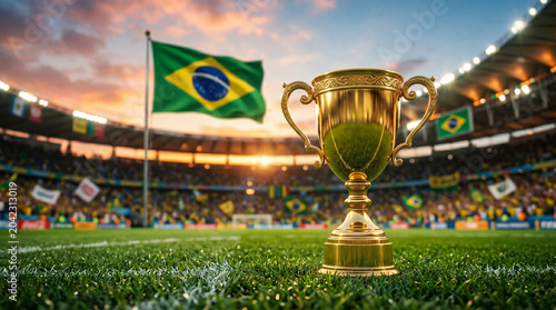Golden Soccer Trophy on Field with Brazil Flag and Stadium Crowd