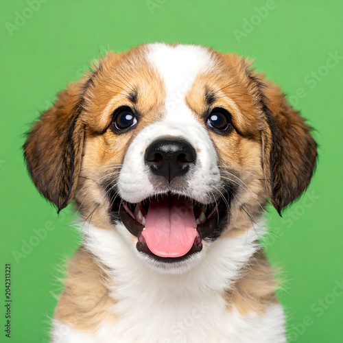A cute puppy with a white and brown coat looks directly at the camera with its mouth open and tongue out against a green background