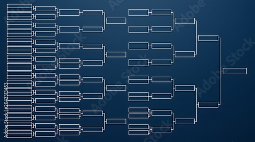 Blank tournament bracket template for 64 teams on a blue background