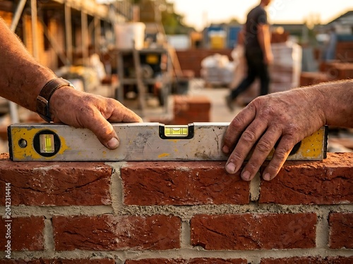Closeup of a masons hands using a spirit level on a brick wall at a construction site