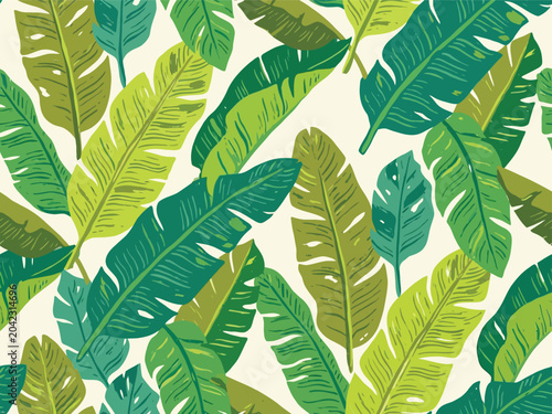 Flat vector seamless pattern with green banana leaves