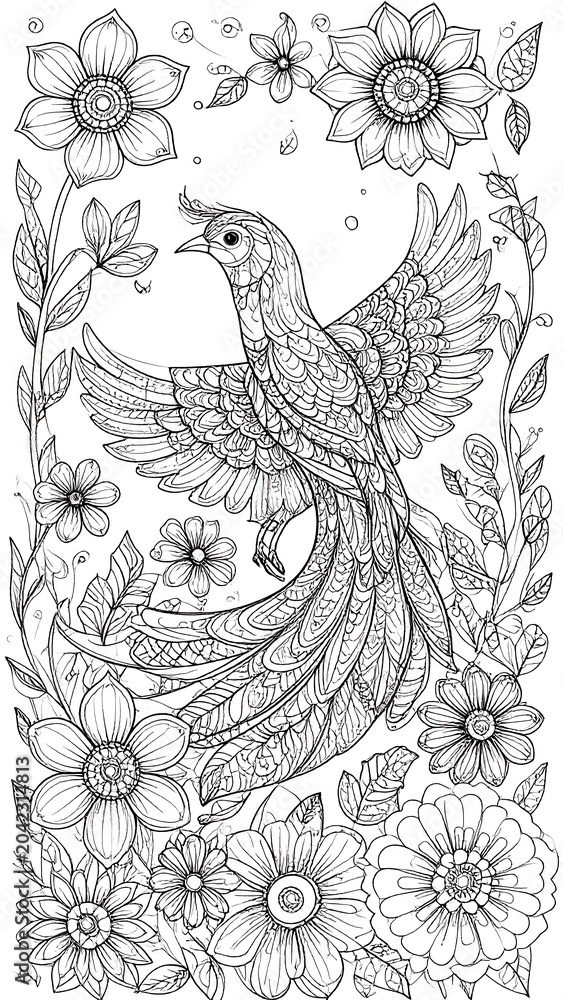Fototapeta premium A detailed line drawing of a bird surrounded by flowers and leaves