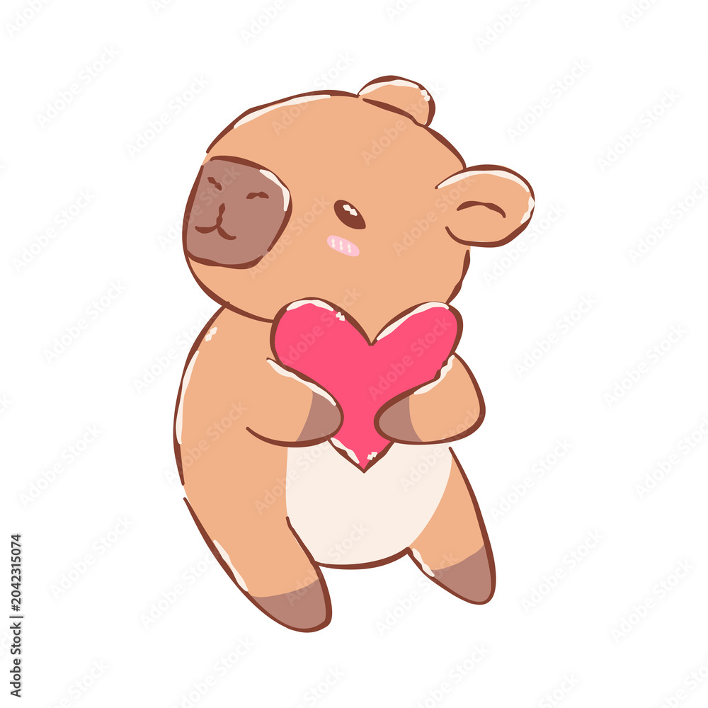Obraz premium Cute capybara illustration holding a pink heart symbol.