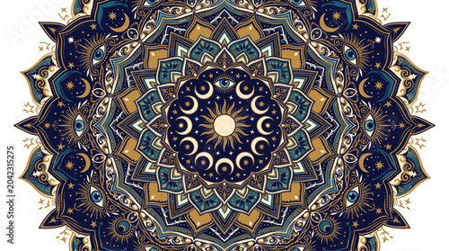 Foto Intricate abstract mandala design with swirling patterns and shapes in shades of gold blue and orange creating a mesmerizing visual effect for decorative purposes