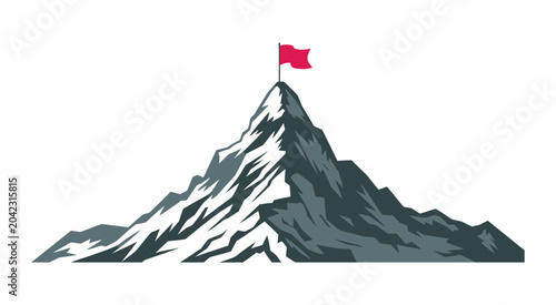 Obraz na płótnie Mountain peak with flag vector graphic featuring success achievement symbolism,