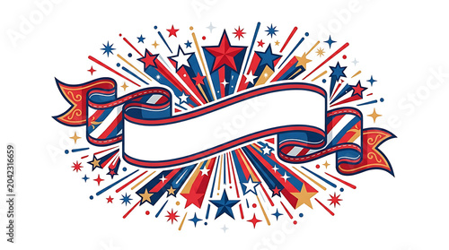 Patriotic ribbon banner with red blue and white fireworks and stars background