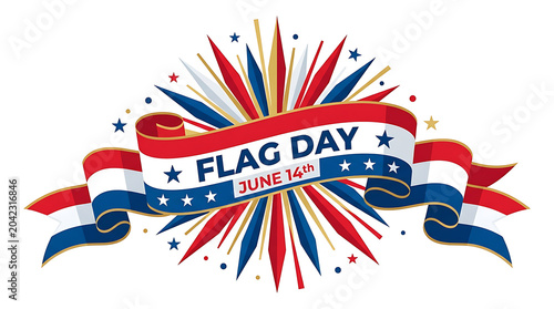 Flag day june 14th patriotic ribbon banner with fireworks and stars background