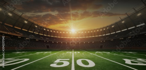 American football stadium with bright lights and sunset sky, 50-yard line on empty green field, panoramic view of arena.