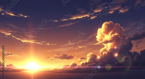 Vibrant anime sunset with dramatic clouds, glowing sun, and lens flare