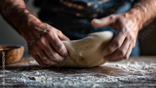 Close-up of strong male baker hands kneading a ball of fresh bread dough on a rustic floured wooden surface in a dark artisan bakery kitchen, handmade baking and craft food concept horizontal