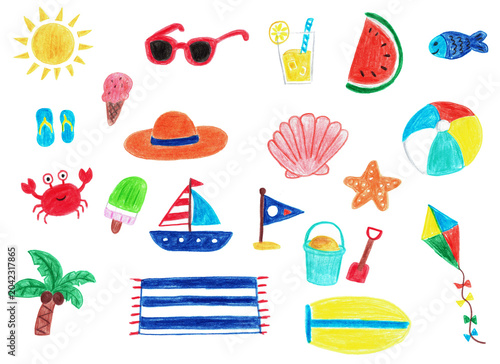 手描きの夏アイテムイラストセット