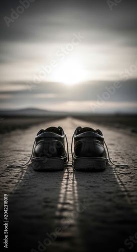 Black shoes, standing on desolate dirt road extending into distance, showing arduous path toward liberty for exploited individuals, observing World Day Against Trafficking in Persons.