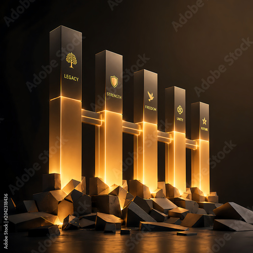 Abstract Pillars of Legacy and Future: Illuminated Golden Symbols on Shattered Rock Foundation in Dark, Reflective Space