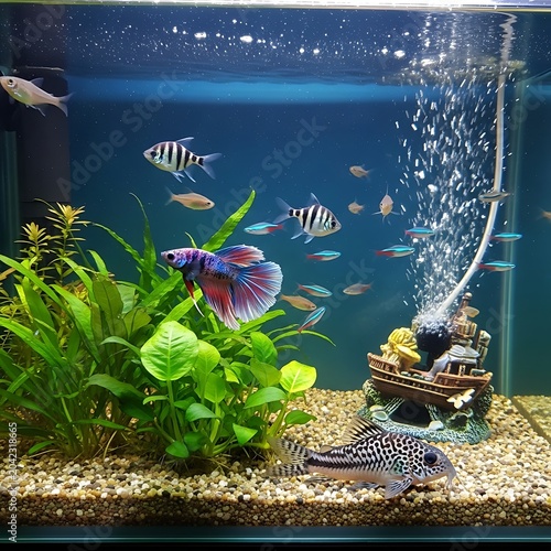 Vibrant aquarium teeming with diverse fish and lush aquatic plants