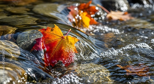 Vibrant autumn leaves drift on a shallow, sun-dappled rocky stream