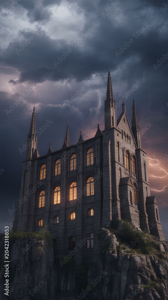 Fototapeta premium Gothic Cathedral with Lightning Storm Dark Sky and Dramatic Atmosphere