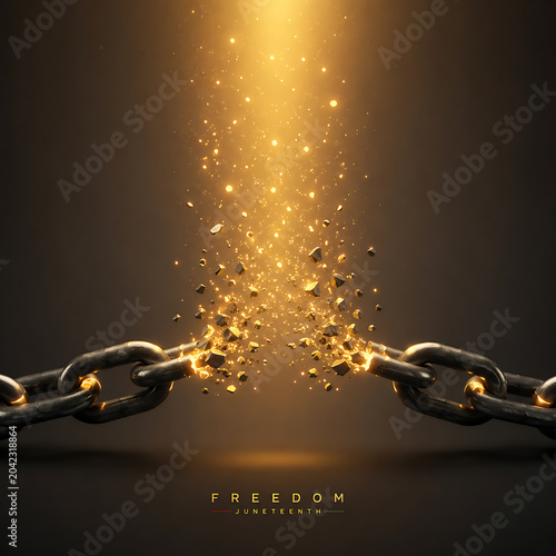 Breaking Chains: Golden Light Explodes from Snapping Links, Symbolizing Freedom, Liberation, and Triumph Over Oppression in a Dark, Dramatic Setting