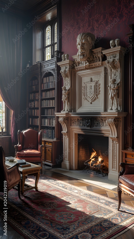 Naklejka premium Elegant, Historic Library Room with Ornate Fireplace, Wooden Shelves, and Classic Decor