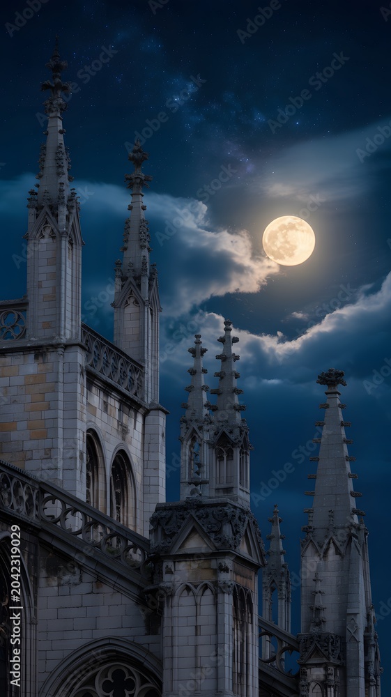 Naklejka premium Majestic Gothic Cathedral Spires Under Full Moon and Starry Sky at Night