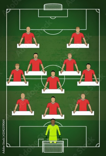 Soccer field tactical formation plan with empty player placeholder tags for custom team strategy setup.