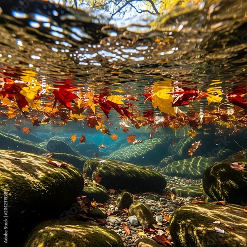 Vibrant autumn leaves drift underwater over mossy rocks in a clear stream