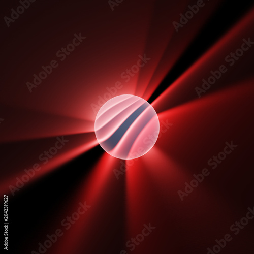 Glowing red sphere with wave patterns and radiant light beams on dark cosmic background