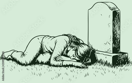 Canvas Print Grieving Person at Tombstone Grave Hand Drawn Vector Illustration Art Graphic De