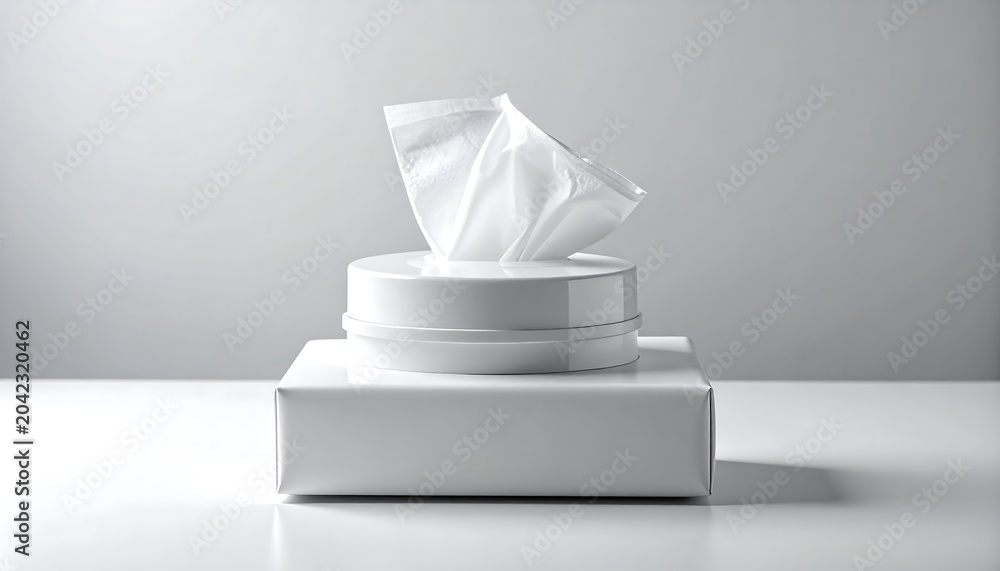 Fototapeta premium Moist Wipes Packaging Mockup with Plastic Lid Isolated on Soft Light Gray Background for Hygiene Product Concept