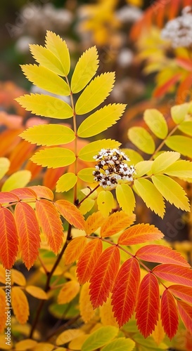 Vibrant autumn leaves in warm hues of red, orange, and yellow, with a cluster of white flowers